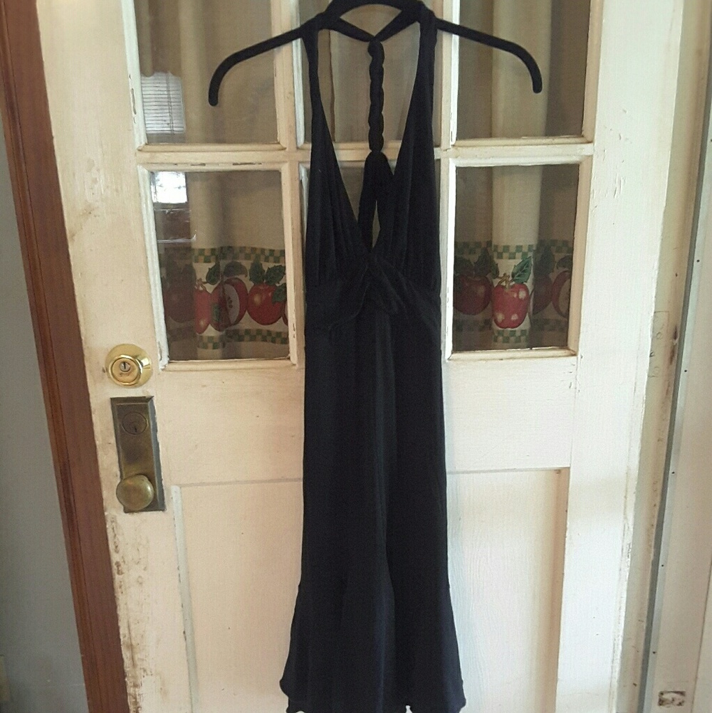 bebe Black Halter Midi Dress with Braided Neck Tie